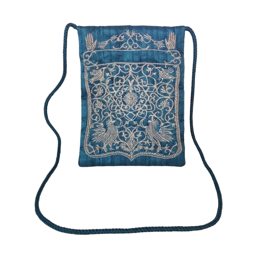 Teal Blue Embroidered Oriental Crossbody Passport Bag - 19" Strap